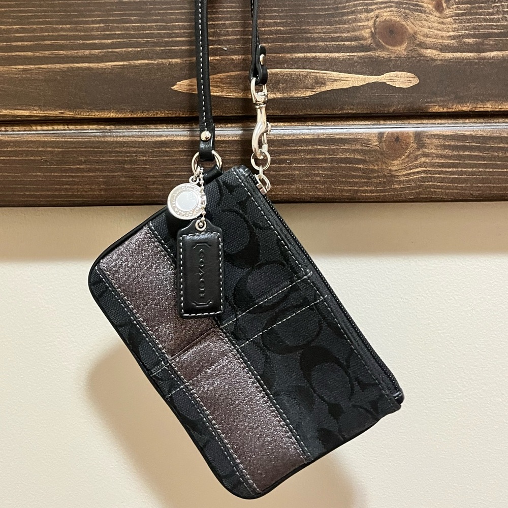 Coach Monogram Black and Silver Wristlet with Charm and Hangtag